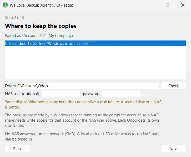 Choosing where to keep the copies: local disks, USB drives and NAS shares