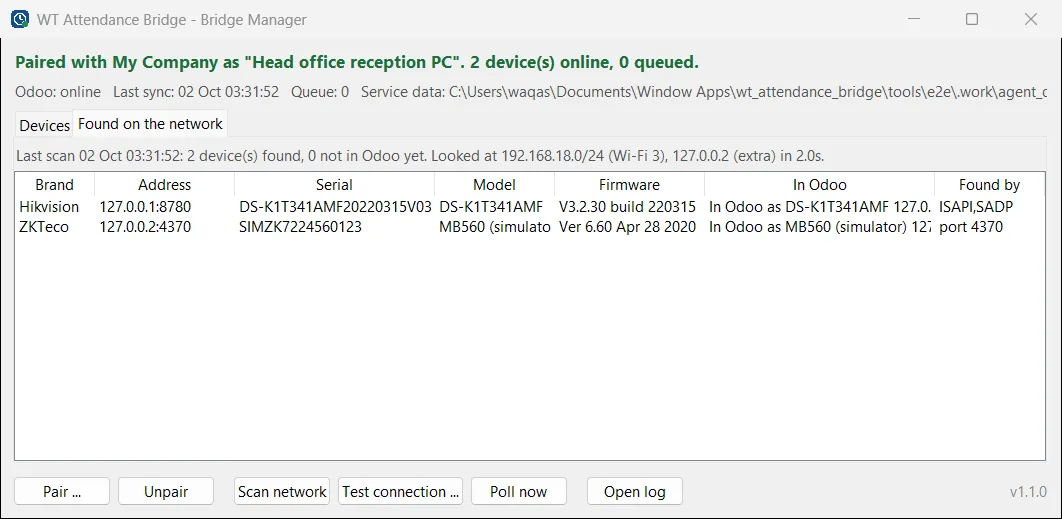 The Bridge Manager on the PC listing the devices it found on the network