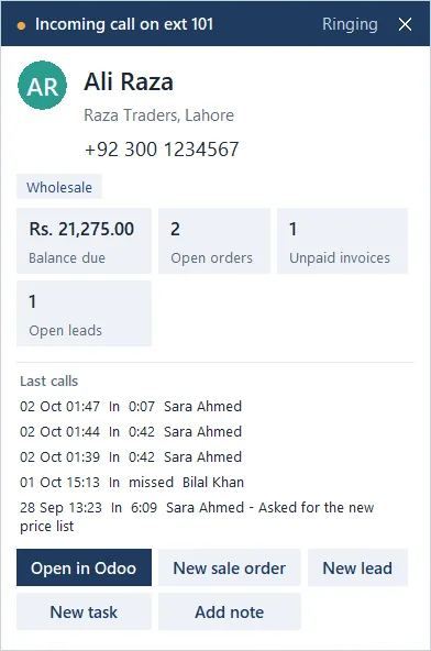 The caller card for a known Odoo contact