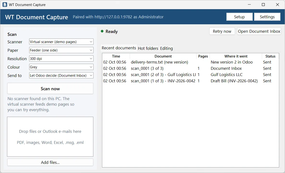 The capture window: scan settings and recent documents with where each one went