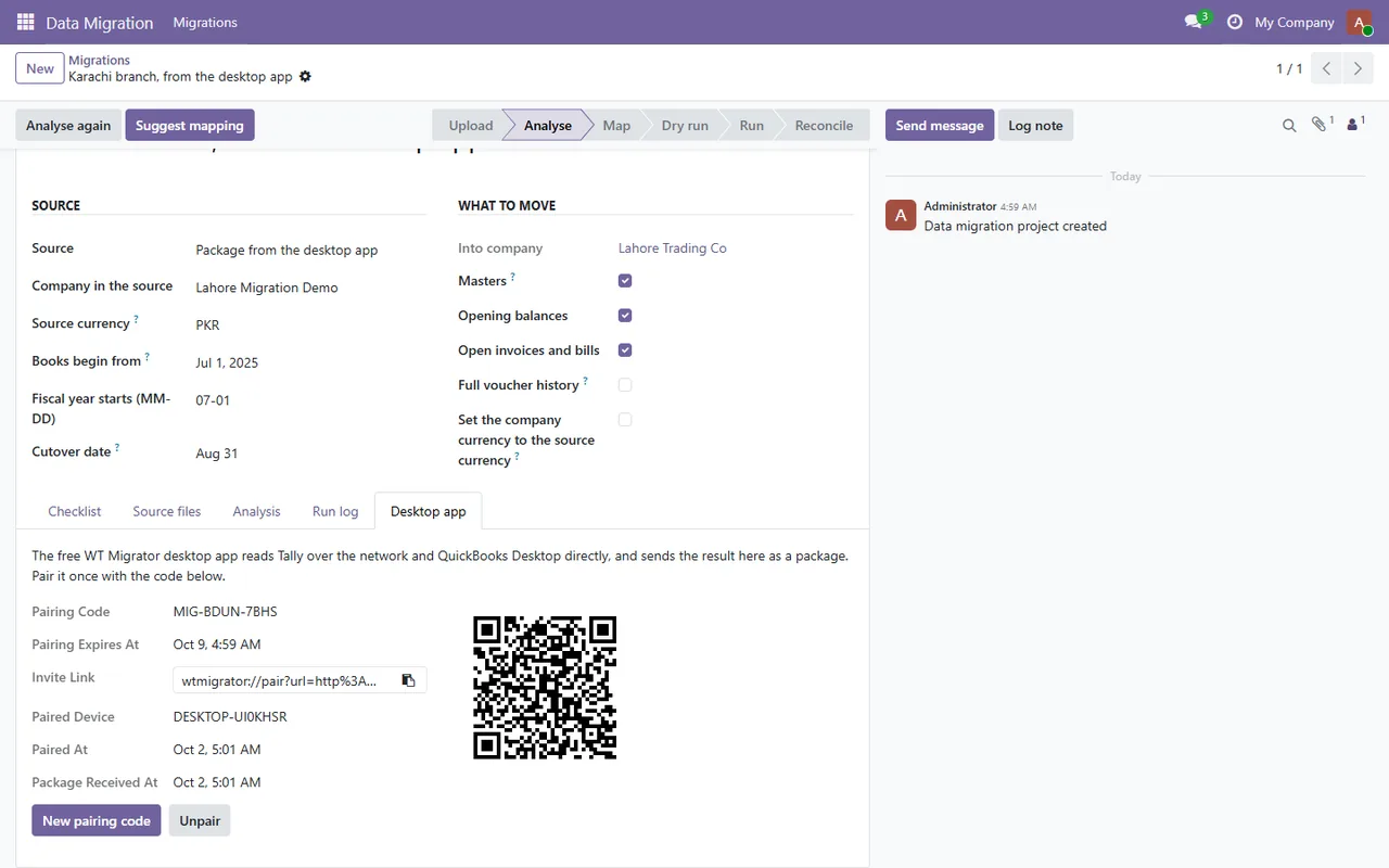 A migration project in Odoo, paired with the desktop app