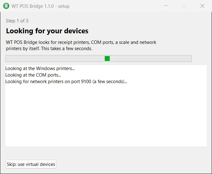 The setup wizard looking for printers, COM ports and network printers
